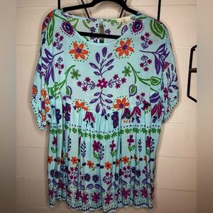 Easel Blue Green Ruffled 3/4 Sleeve Blouse